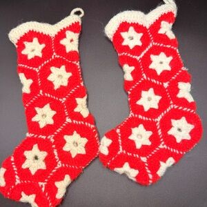 Vintage 1970s Handmade Granny Square Crochet Christmas Stocking Red White Boho 2
